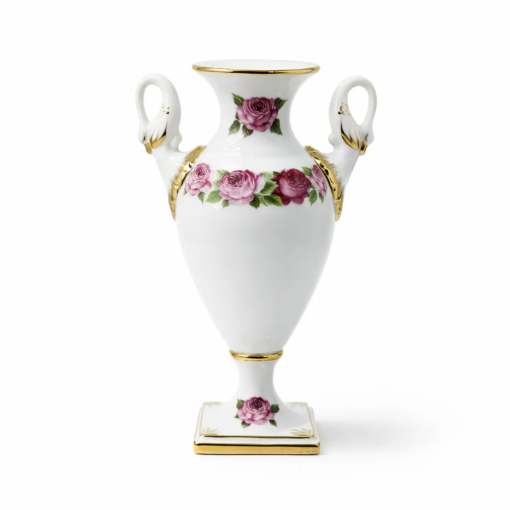 AK Kaiser Porcelain Amphora Vase with Swan Handles and Rose Decor